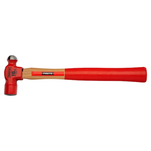 PROTO J1316PD ball peen hammer with red wooden handle, side angle, tool photography.