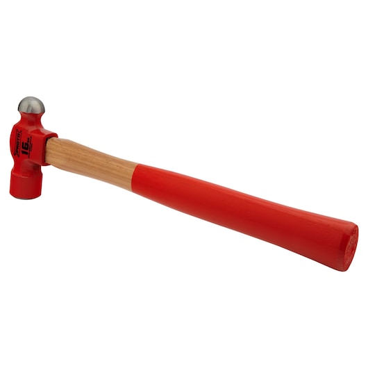 PROTO J1316PD red ball peen hammer with wooden handle, angled on white background.