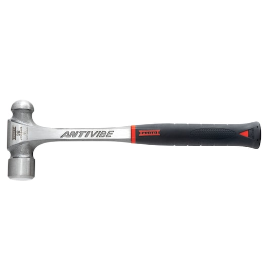 PROTO J1332AVP ball peen hammer with silver steel head, black and red anti-vibration handle, side view on white.