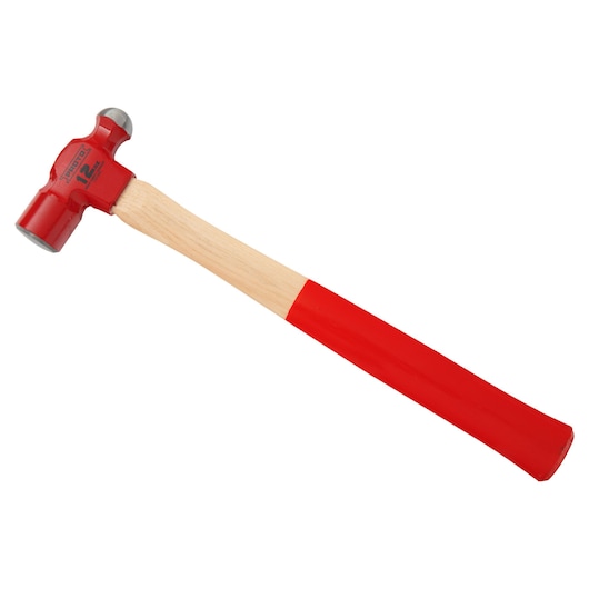 PROTO J1332PD ball peen hammer with red metal head and red and natural wood handle, side angle on white background.