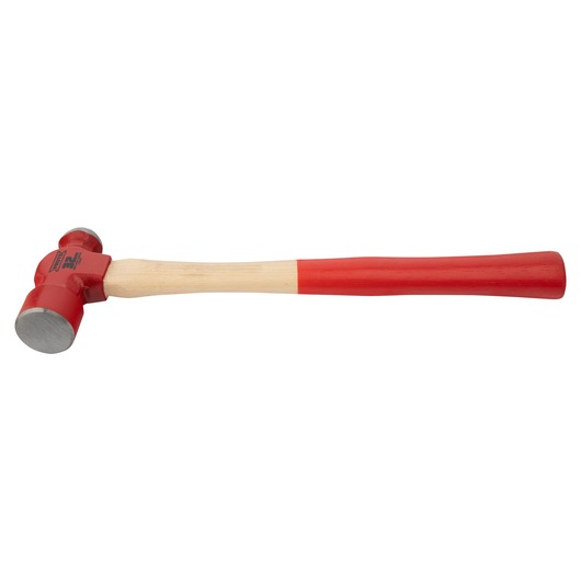 PROTO J1332PD double face sledge hammer with red steel head and partially red wooden handle, side angle.