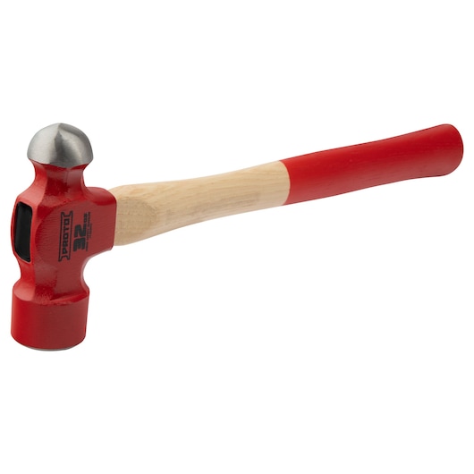 PROTO J1332PD ball peen hammer with red steel head and wood handle, side angle, on white background.
