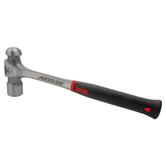 PROTO J1340AVP ball peen hammer with anti-vibe technology, black and red grip, side view on white background.