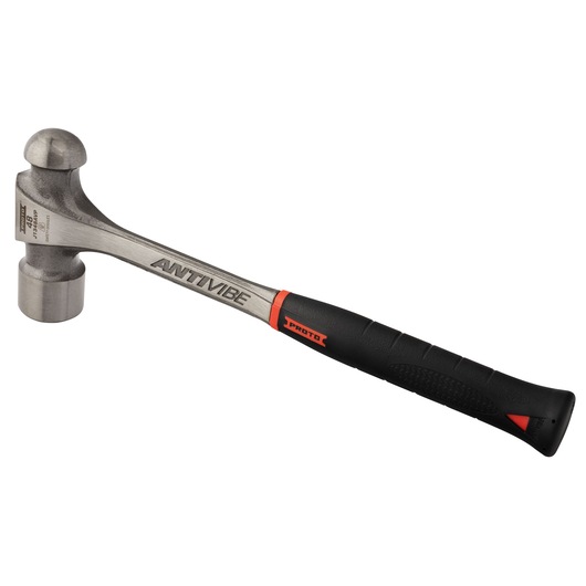 PROTO J1348AVP ball peen hammer, ANTIVIBE, with black and red ergonomic handle, side angle, white background.