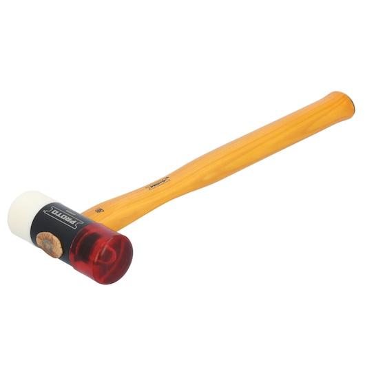 PROTO J1360A mallet with wooden handle, red and white dual-head, side angle, product photography.