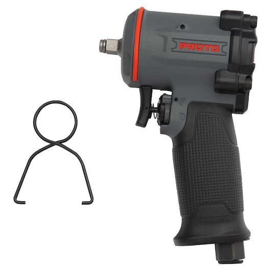 PROTO J138WP-M compact pneumatic impact wrench, grey and black, with side accessory, right side view, on white background.