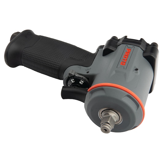 PROTO J138WP-M gray and black air impact wrench, angled handheld view, orange accent, visible textured grip.