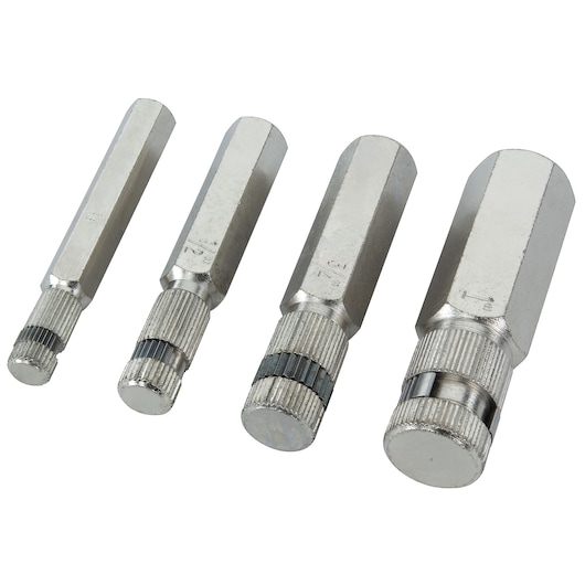 PROTO J140SET hex rethreading dies set of four, silver metal, hexagonal shape, front angle, photography of tool set.
