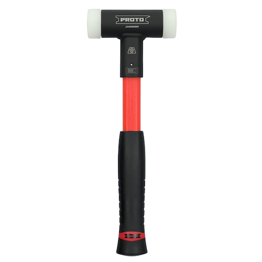 PROTO J1429DBA mallet with black head, white nylon faces, red handle, front angle on white background.