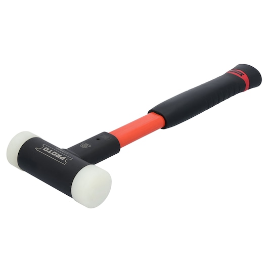 PROTO J1429DBA mallet with black handle, red shaft and dual white rubber heads, side angle, photo.