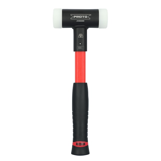 PROTO J1430DBA photography of mallet hammer with black head, white ends, red shaft, black grip, front view.