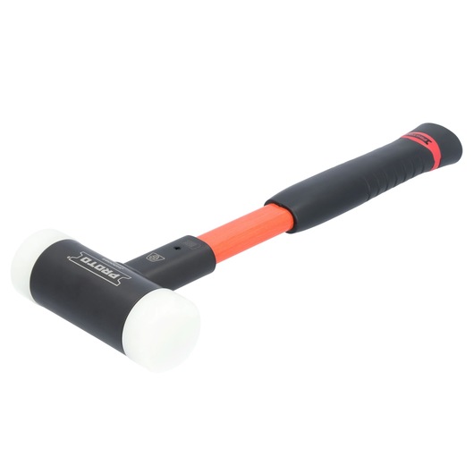 PROTO J1430DBA rubber mallet with black head, white ends, orange handle, and black grip, angled view.