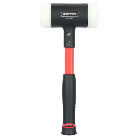 PROTO J1431DBA mallet with black handle, red shaft, and white dual striking faces, front view on white background.