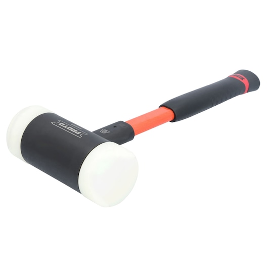 PROTO J1431DBA mallet with black head and white ends, orange handle with black grip, angled on white background.