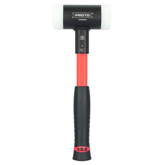 PROTO J1432DBA red and black mallet with white faces, straight-on angle, photography product.