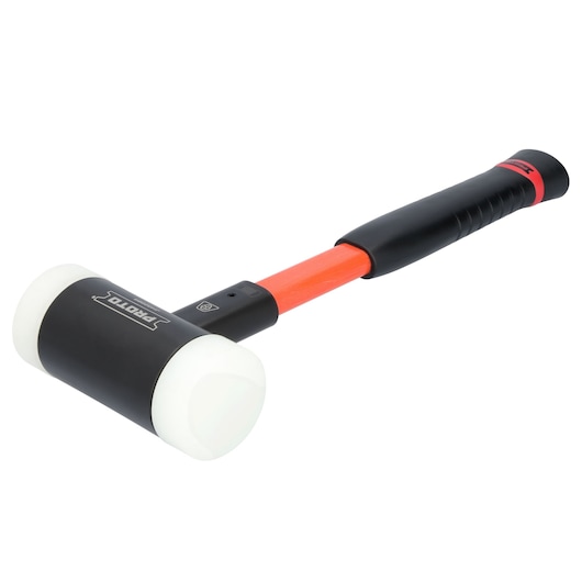 PROTO J1432DBA mallet with white rubber heads, black handle and red shaft, photography on white background.