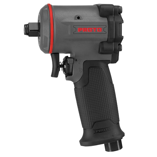 Photo of PROTO J150WP-M impact wrench, black and gray with red accents, side angle on white background.