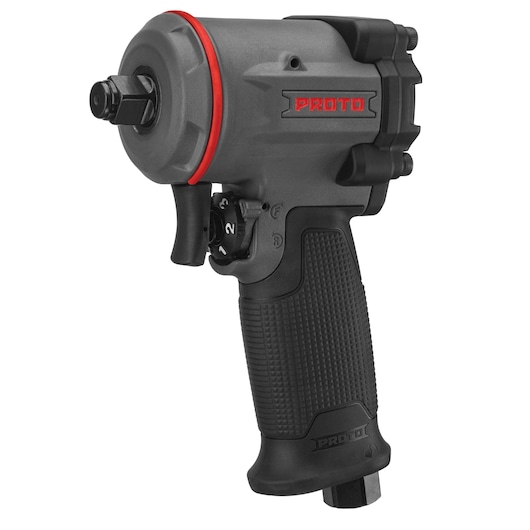 PROTO J150WP-M impact wrench side view, black and gray body with red accent, textured grip.