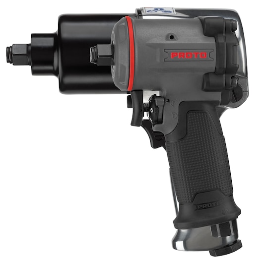 PROTO J150WP-M pneumatic impact wrench, black and gray, side angle on white background.