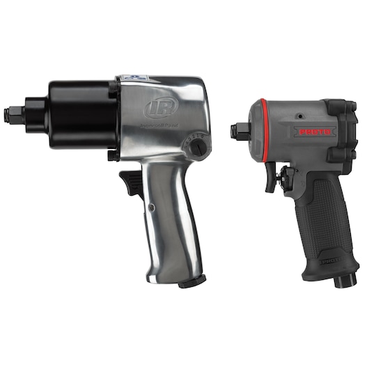 Photo of PROTO J150WP-M impact wrench, black and gray, side angle on white background, with another tool shown for comparison.