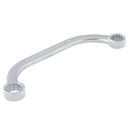 PROTO J1725 double box end curved chrome wrench, tool category, white background side angle.