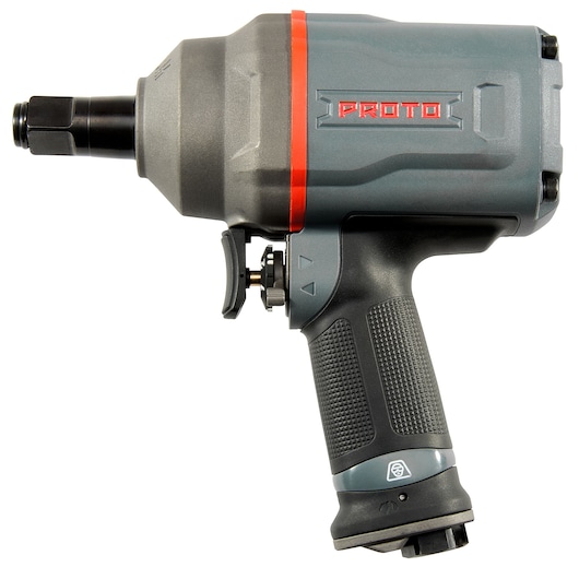PROTO J175WP impact wrench side view, gray with red accents and textured black grip, white background.