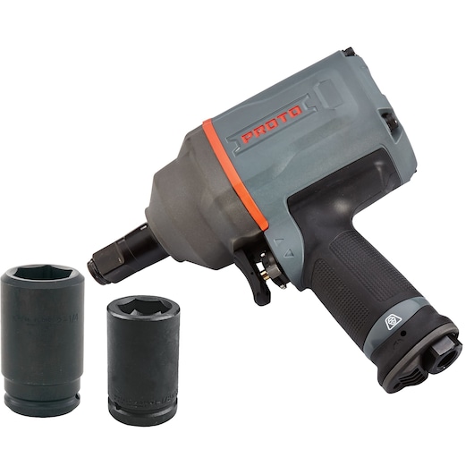 PROTO J175WP impact wrench with ergonomic black and gray handle, shown with two large sockets, front angle on white background.