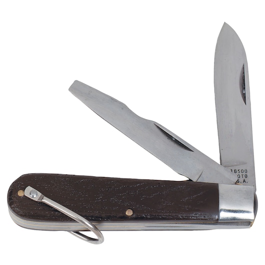 Photo of PROTO J18500 folding pocket knife with two open stainless steel blades, dark handle, and metal keyring, side angle.