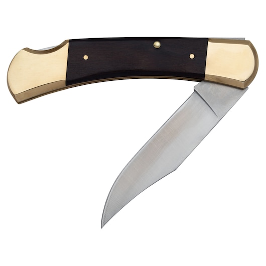 PROTO J18545B folding pocket knife with brass and dark wood handle, blade open, photography on white background.