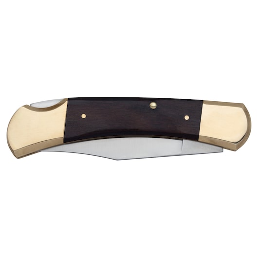 PROTO J18545B folding pocket knife with brass bolsters and dark wood handle, closed, side view on white background.