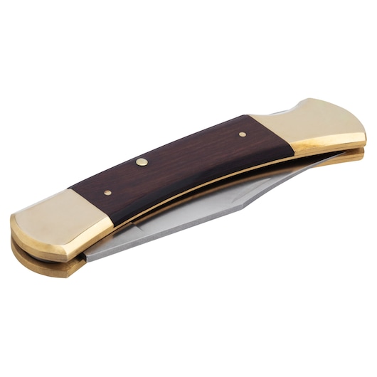 PROTO J18545B folding pocket knife with brass and wood handle, closed position, side angle.