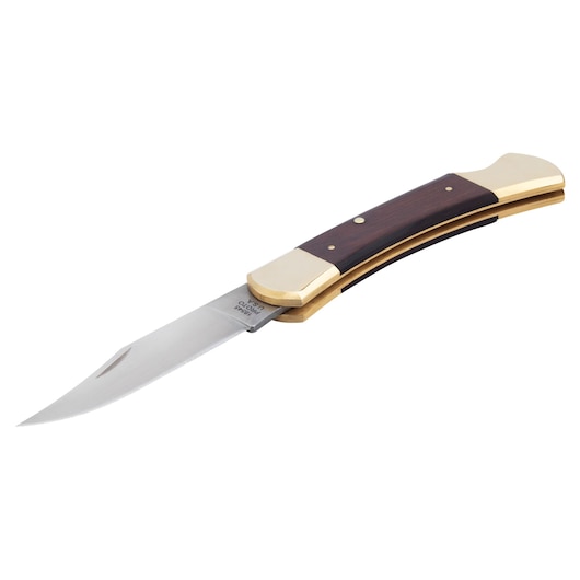 PROTO folding pocket knife J18545B, stainless steel blade, wood and brass handle, side angle, white background.