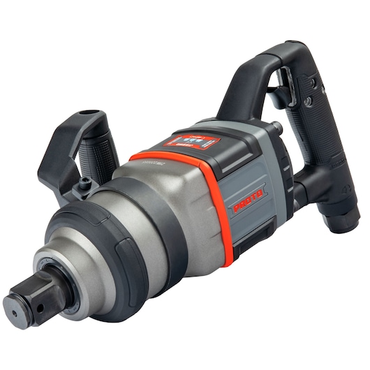 PROTO J199WD impact wrench, grey and black, with side handle, front angle on white background.