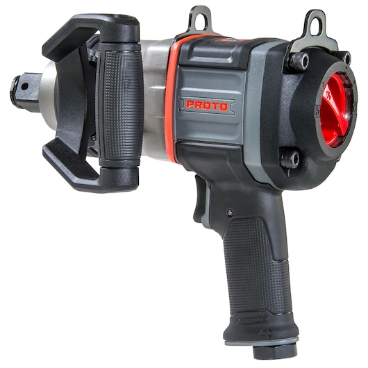 PROTO J199WP heavy-duty impact wrench with side handle and black, red, and gray body, side angle on white background.