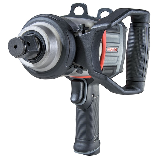 PROTO J199WP heavy-duty pneumatic impact wrench, black and gray, with dual handles, front angled on white background.