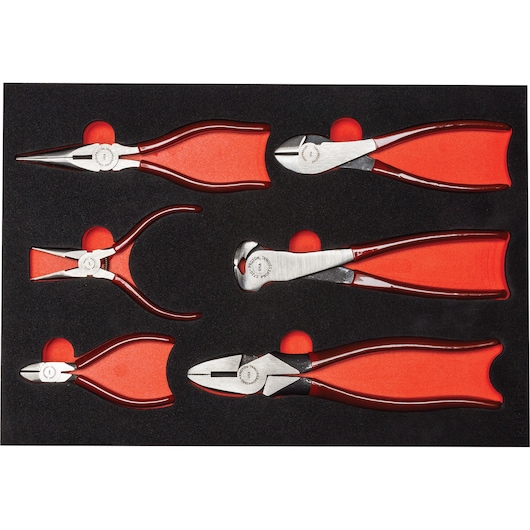 PROTO J201GK pliers set, six pieces with red handles, organized in black foam tray, top view.
