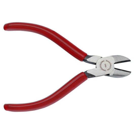 PROTO J204G diagonal cutting pliers with red handles, side view, white background.