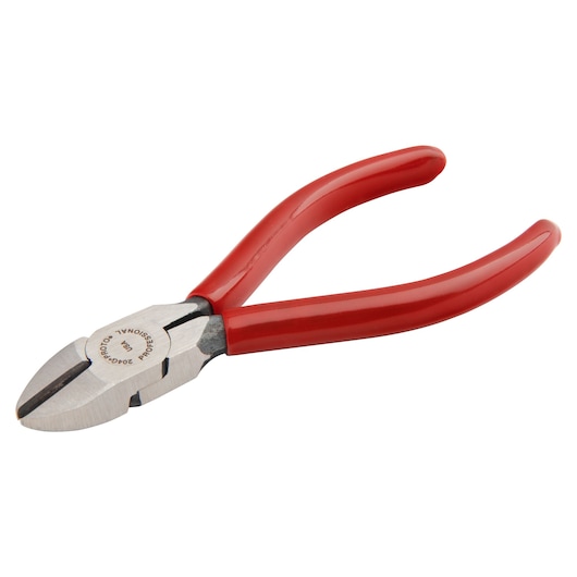 PROTO J204G diagonal cutting pliers with red handles, side angle on white background.