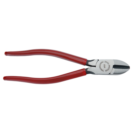 PROTO J207G diagonal cutting pliers with red handles, top view on white background.