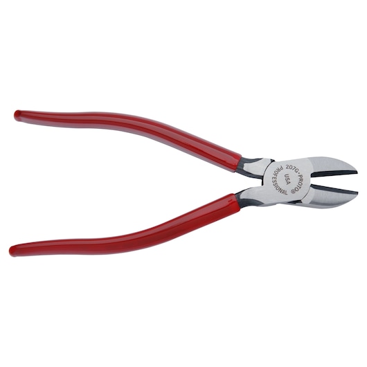 PROTO J207G diagonal cutting pliers with red handles, side view, on white background.