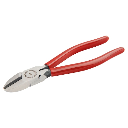 PROTO J207G diagonal cutting pliers with red handles, angled view, white background.