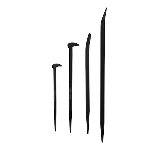 PROTO J2100A set of four black steel aligning pry bars with pointed and curved ends, side view on white background.