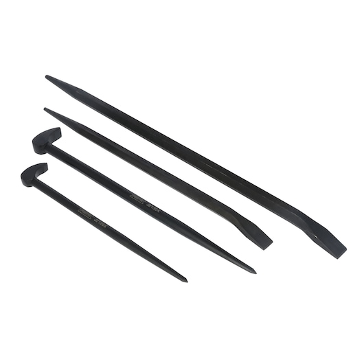 PROTO J2100A set of four black steel pry bars and aligning bars, photography on white background.
