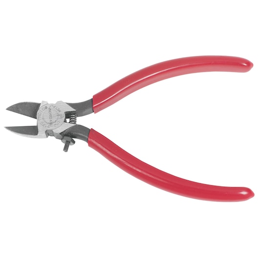 PROTO J212G diagonal cutting pliers with red handles, side view, on white background.