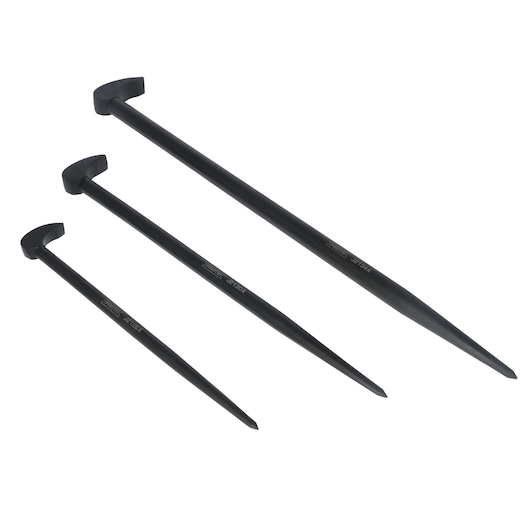 PROTO J2138A black aligning drift punches set, three sizes, side angle on white background.