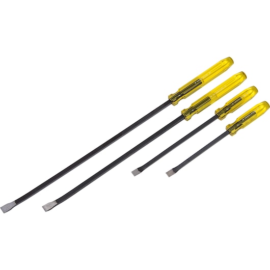 Photo of PROTO J2156S flat screwdriver set with four black shafts and yellow handles, side angle, white background.