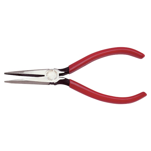 PROTO J220G long nose pliers with red handles, side view on white background.