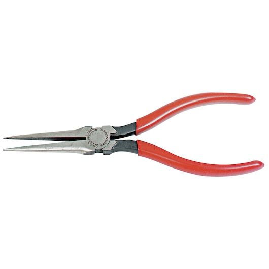 PROTO J222G long nose pliers with red handles, side angle on white background.