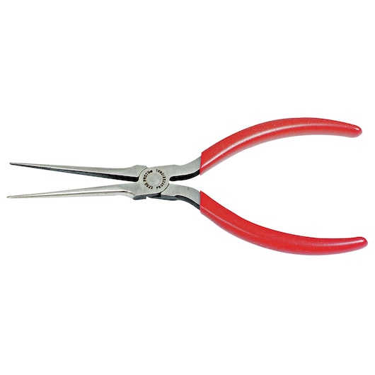 PROTO J223G long nose pliers with red handles, photography, side angle on white background.