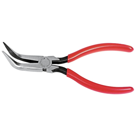 PROTO J225G bent long nose pliers with red handles, photographed on white background, hand tool category.